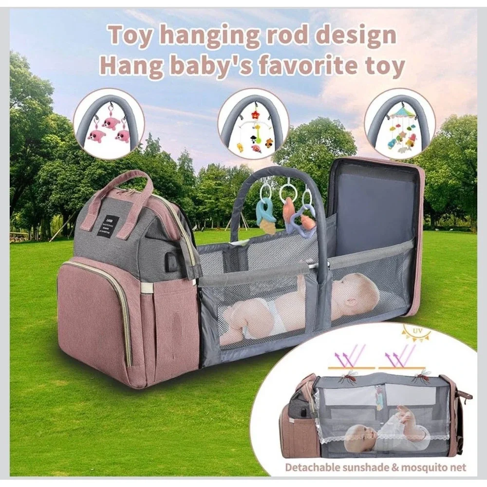 LAND 3-in-1 Diaper Bag Backpack Portable Bassinet Changing Station Pink Grey